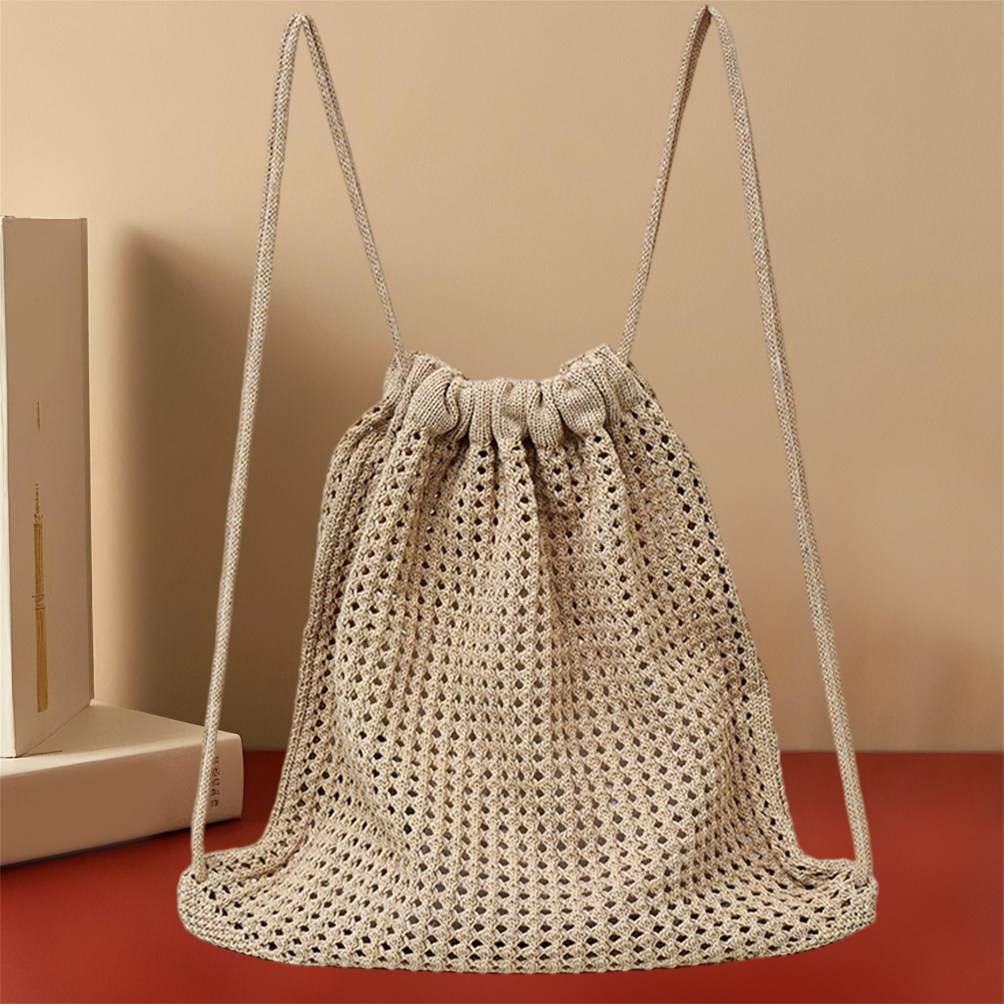 Drawstring Gym Bag - Handmade Crochet Beach Drawstring Backpack with